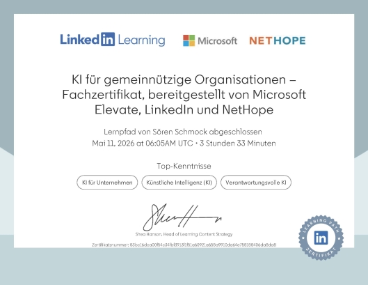 KI für gemeinnützige Organisationen – Fachzertifikat, bereitgestellt von Microsoft Elevate, LinkedIn und NetHope